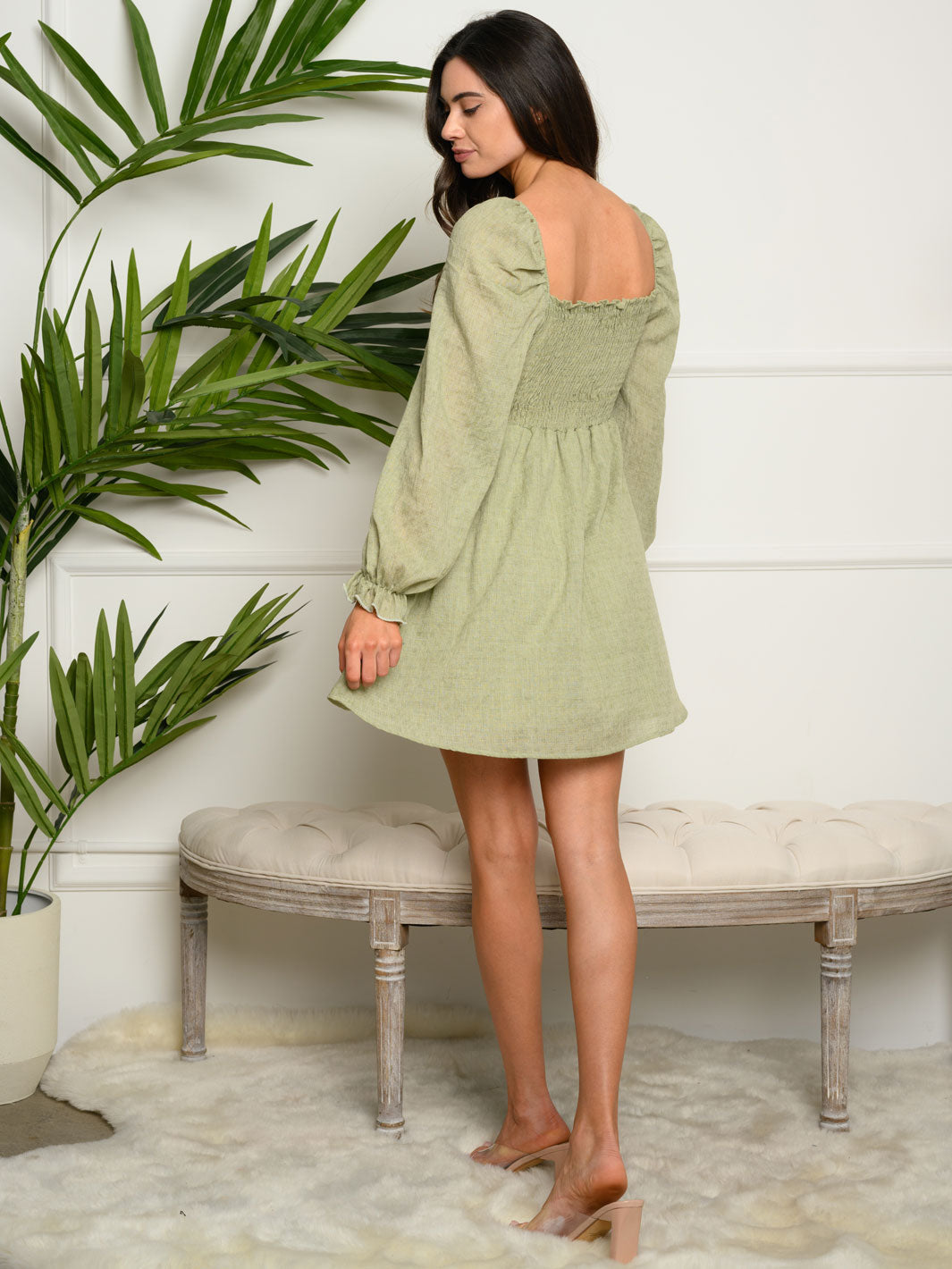 WOMEN'S LONG SLEEVE RUCHED MINI DRESS