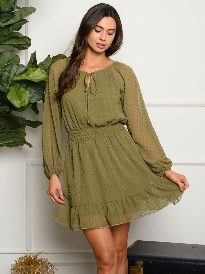 WOMEN'S RUFFLE SMOCK LONG SLEEVE SWISS MINI DRESS