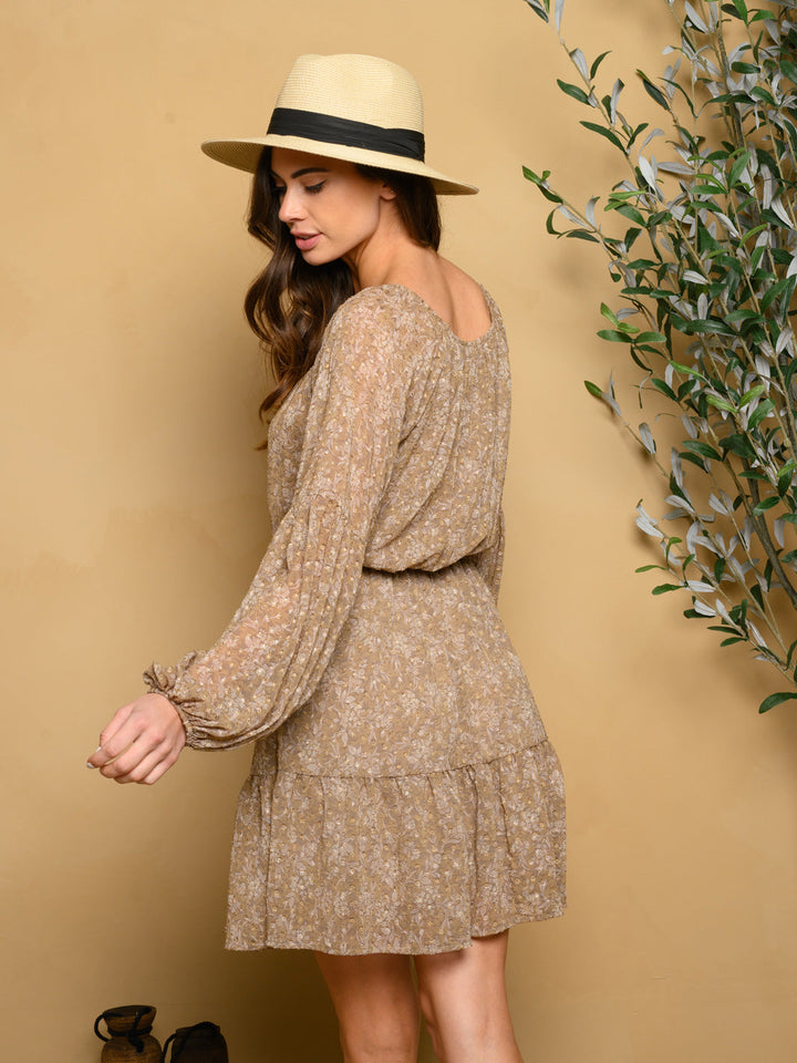 WOMEN'S LONG SLEEVE FLORAL RUFFLE MINI DRESS