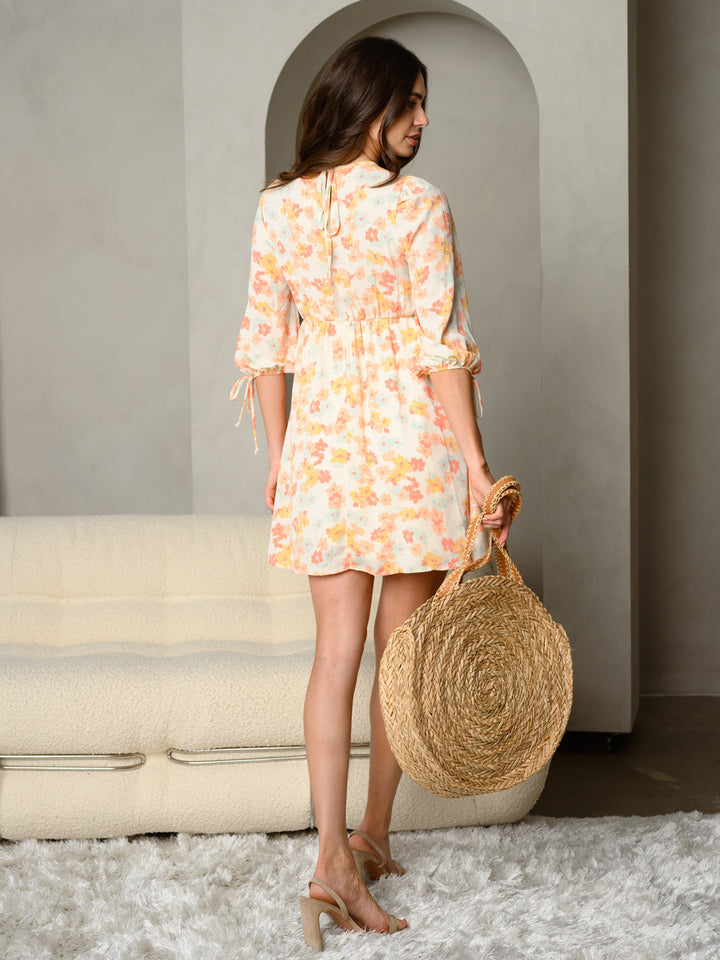 WOMEN'S FLORAL PRINT V-NECK 3/4 BAND TIE-SLEEVE MINI DRESS