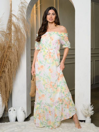 WOMEN'S OFF SHOULDER ELASTIC WAIST FLORAL MAXI DRESS