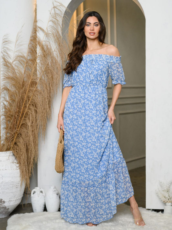 WOMEN'S OFF SHOULDER ELASTIC WAIST FLORAL MAXI DRESS