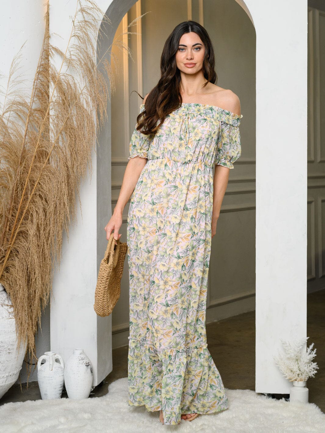 WOMEN'S OFF SHOULDER ELASTIC WAIST FLORAL MAXI DRESS