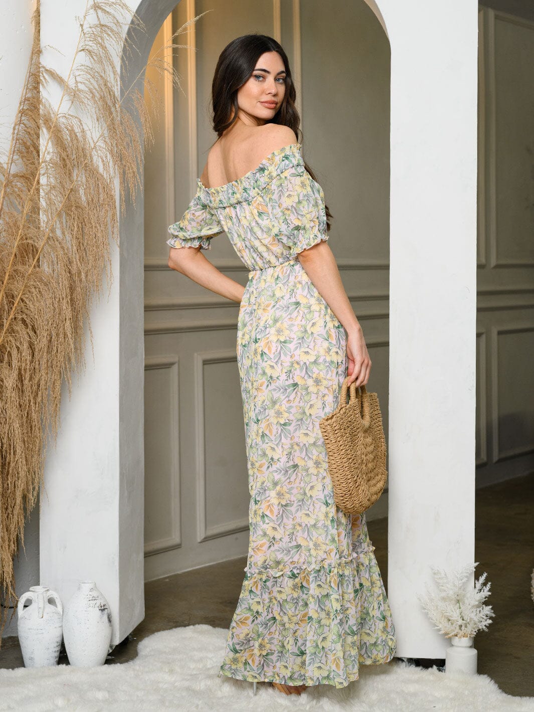 WOMEN'S OFF SHOULDER ELASTIC WAIST FLORAL MAXI DRESS