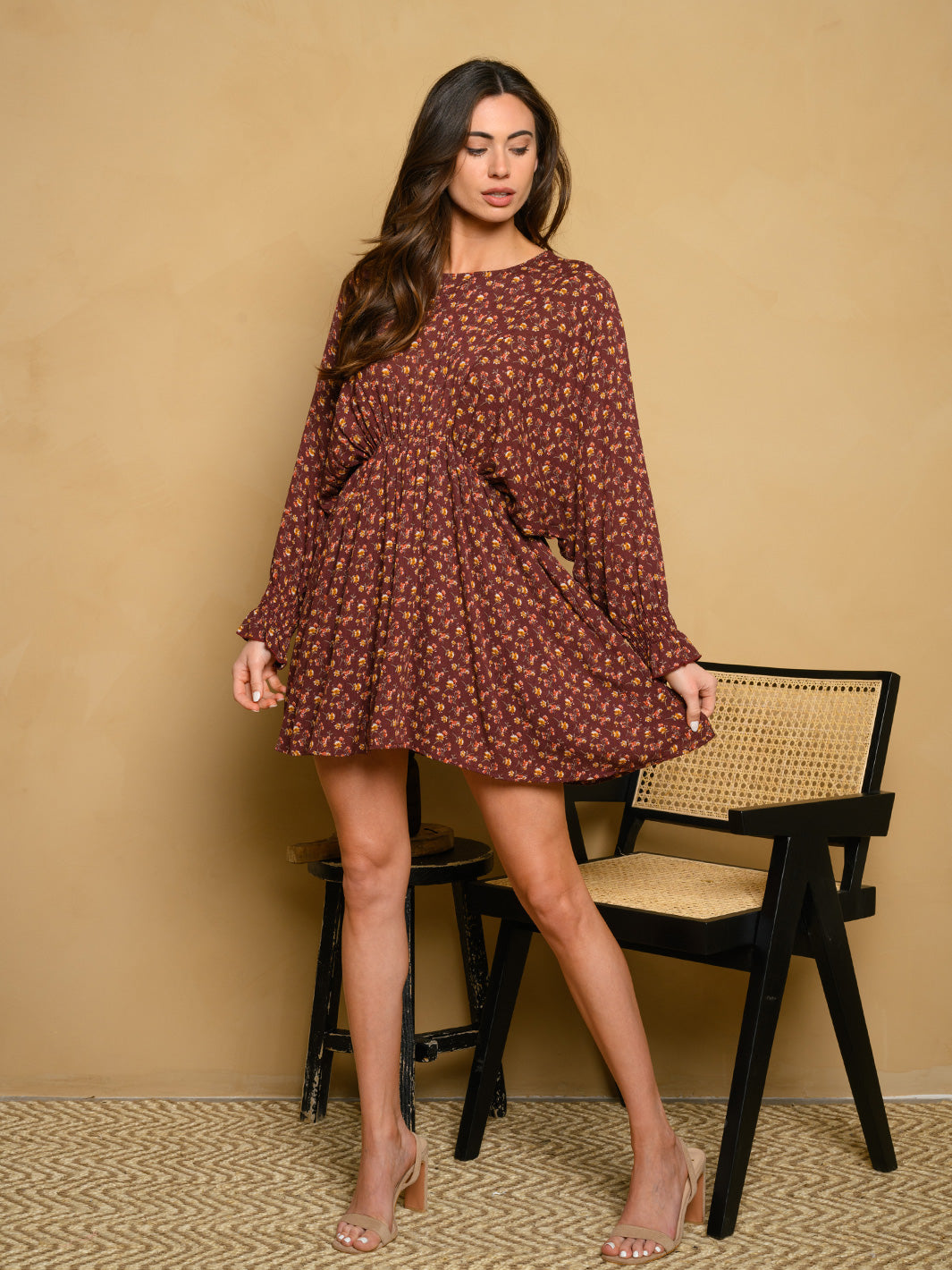 WOMEN'S LONG SLEEVE FLORAL PRINT MINI DRESS