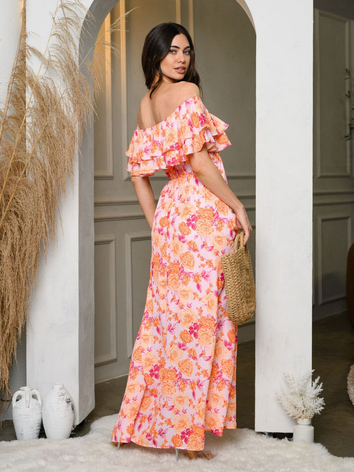 WOMEN'S OFF SHOULDER RUFFLE ELASTIC WAIST FLORAL MAXI DRESS