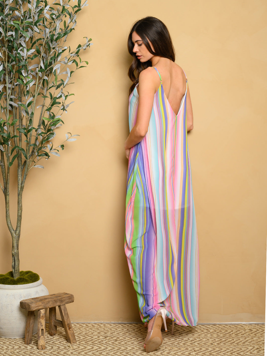 WOMEN'S MULTI COLOR STRIPES V-NECK MAXI DRESS