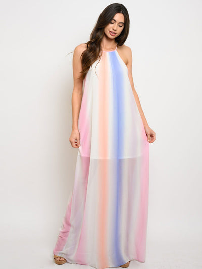 WOMEN'S MULTI STRIPED SLEEVELESS MAXI DRESS