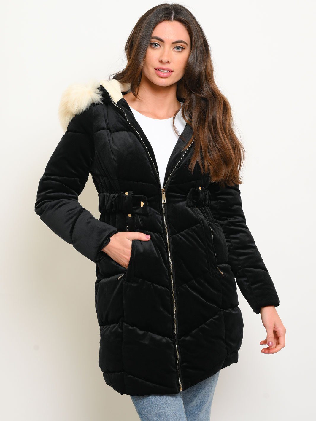 WOMEN'S LONG HOODED FAUX FUR LINED VELVET QUILTED COAT