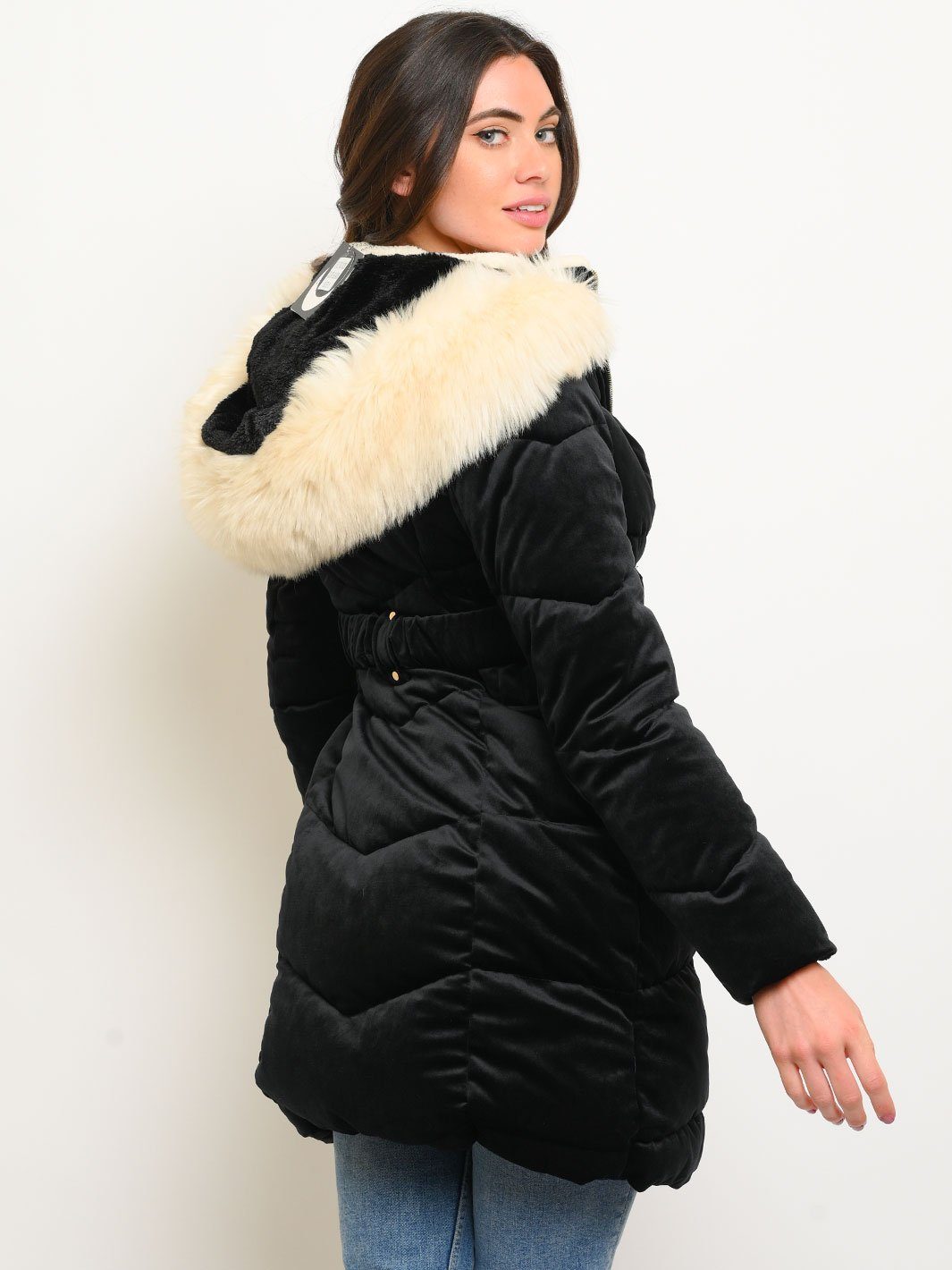 WOMEN'S LONG HOODED FAUX FUR LINED VELVET QUILTED COAT