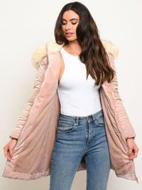 WOMEN'S LONG HOODED FAUX FUR LINED VELVET QUILTED COAT