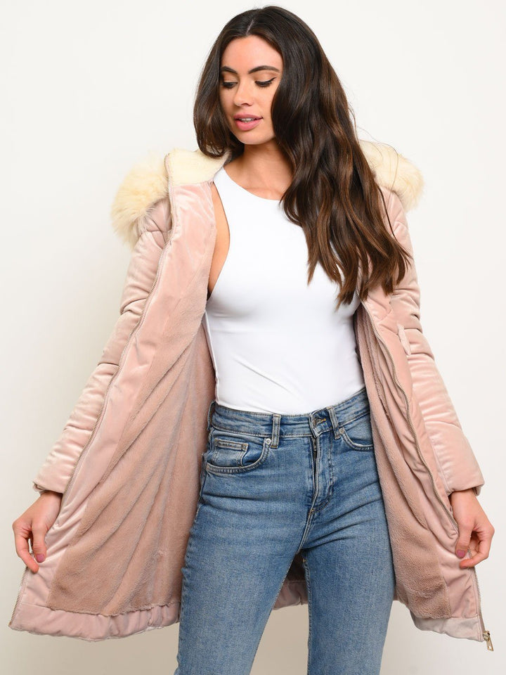 WOMEN'S LONG HOODED FAUX FUR LINED VELVET QUILTED COAT