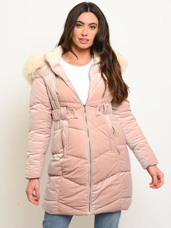 WOMEN'S LONG HOODED FAUX FUR LINED VELVET QUILTED COAT