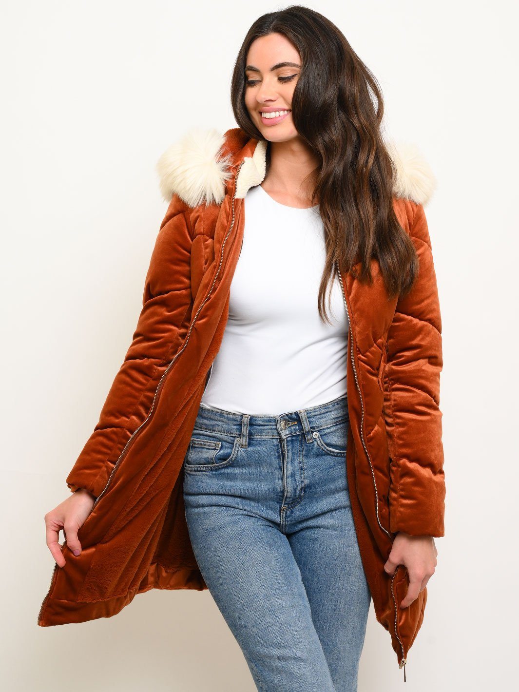 WOMEN'S LONG HOODED FAUX FUR LINED VELVET QUILTED COAT