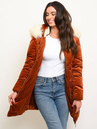 WOMEN'S LONG HOODED FAUX FUR LINED VELVET QUILTED COAT