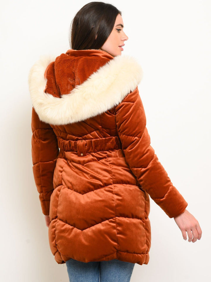 WOMEN'S LONG HOODED FAUX FUR LINED VELVET QUILTED COAT