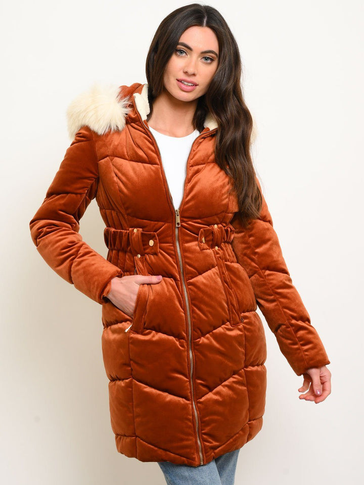 WOMEN'S LONG HOODED FAUX FUR LINED VELVET QUILTED COAT