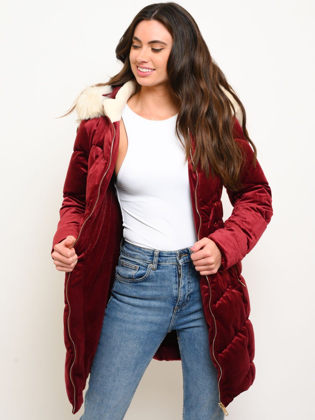 WOMEN'S LONG HOODED FAUX FUR LINED VELVET QUILTED COAT