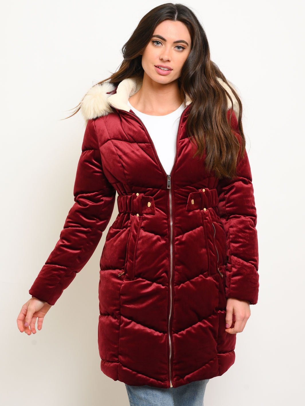 WOMEN'S LONG HOODED FAUX FUR LINED VELVET QUILTED COAT