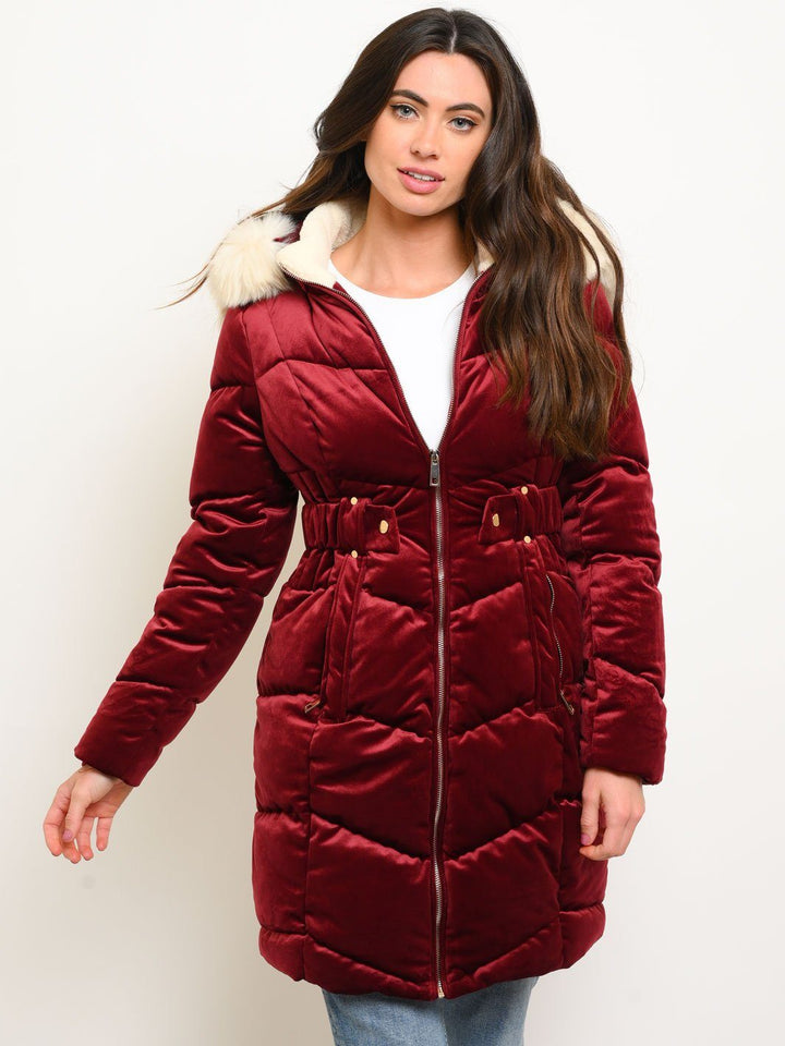 WOMEN'S LONG HOODED FAUX FUR LINED VELVET QUILTED COAT
