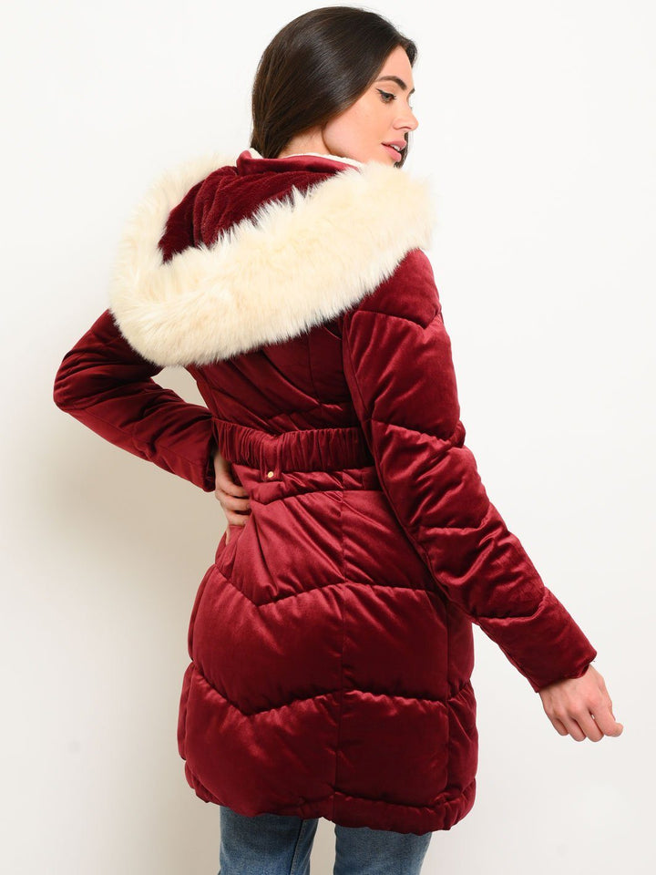 WOMEN'S LONG HOODED FAUX FUR LINED VELVET QUILTED COAT
