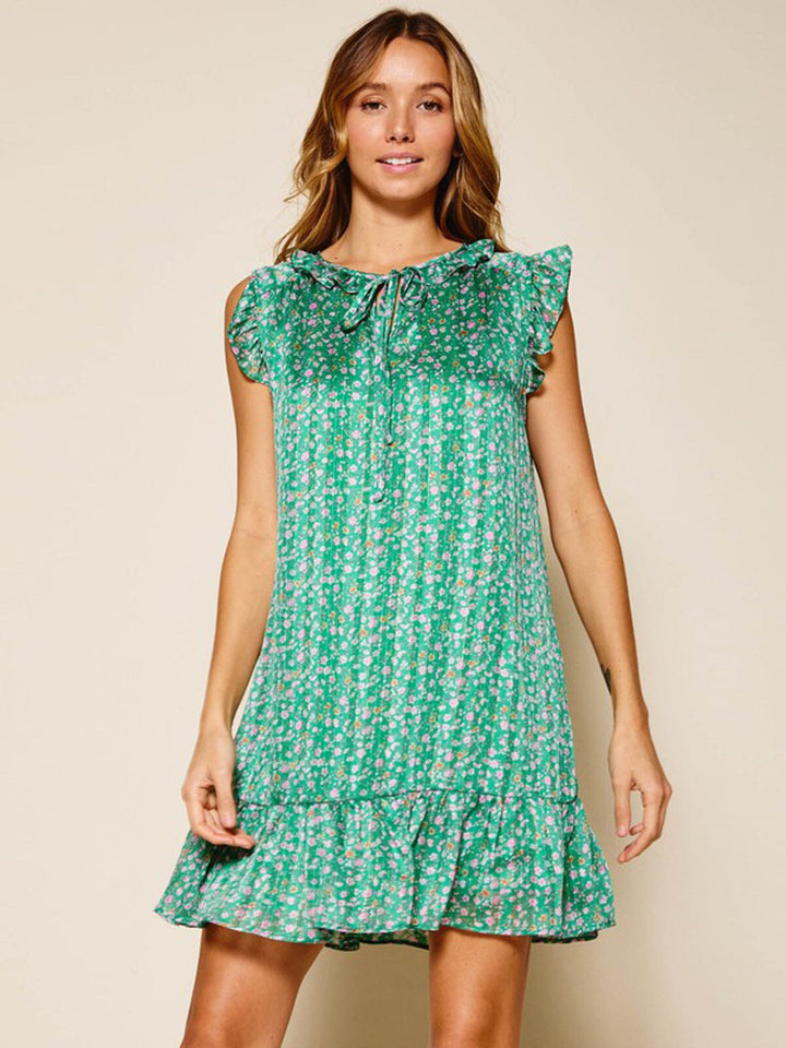 WOMEN'S SLEEVELESS RUFFLE SHIMMER FLORAL MINI DRESS