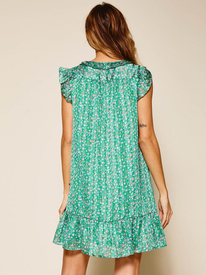 WOMEN'S SLEEVELESS RUFFLE SHIMMER FLORAL MINI DRESS