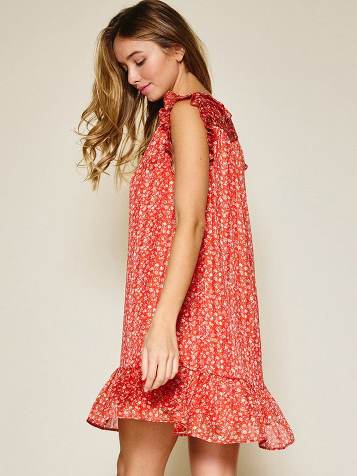 WOMEN'S SLEEVELESS RUFFLE SHIMMER FLORAL MINI DRESS