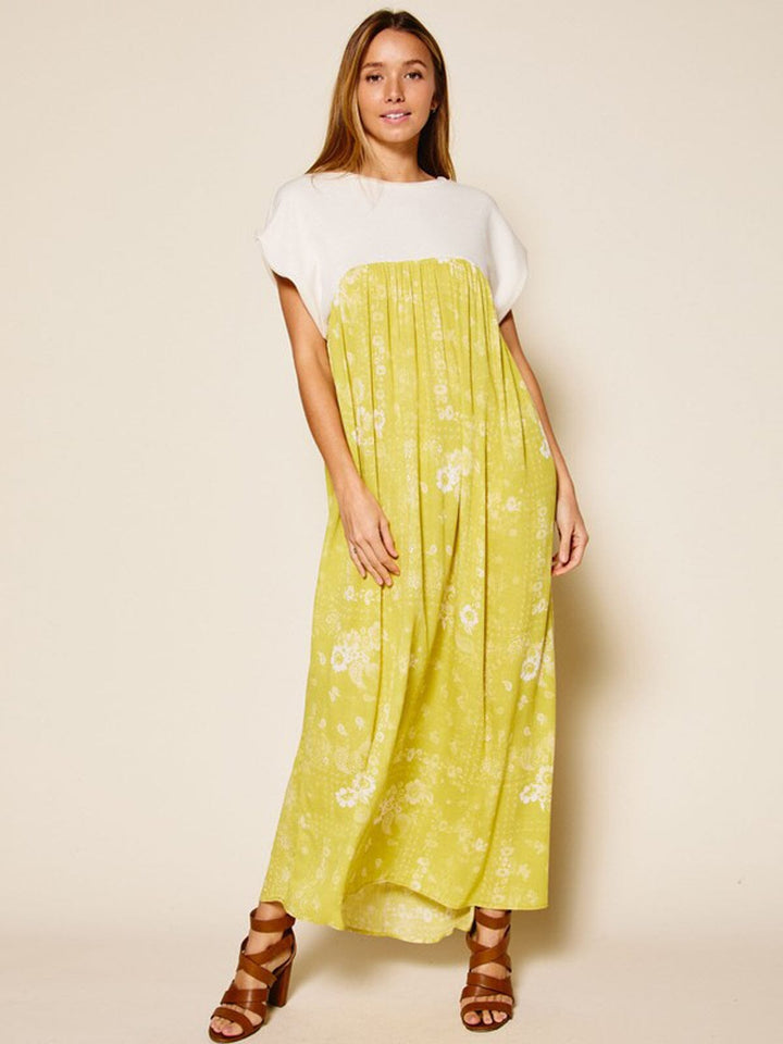 WOMEN'S SHORT SLEEVE TUNIC COLORBLOCK FLORAL MAXI DRESS