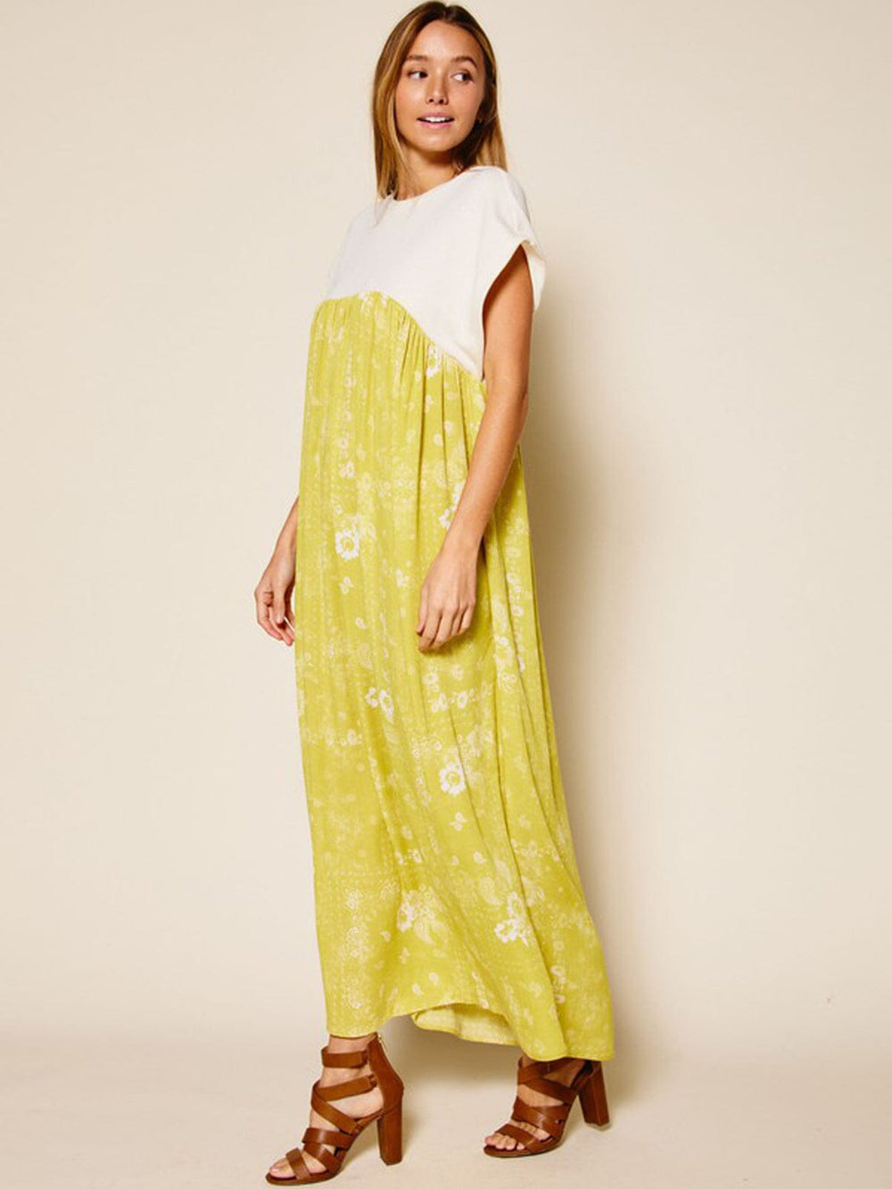 WOMEN'S SHORT SLEEVE TUNIC COLORBLOCK FLORAL MAXI DRESS