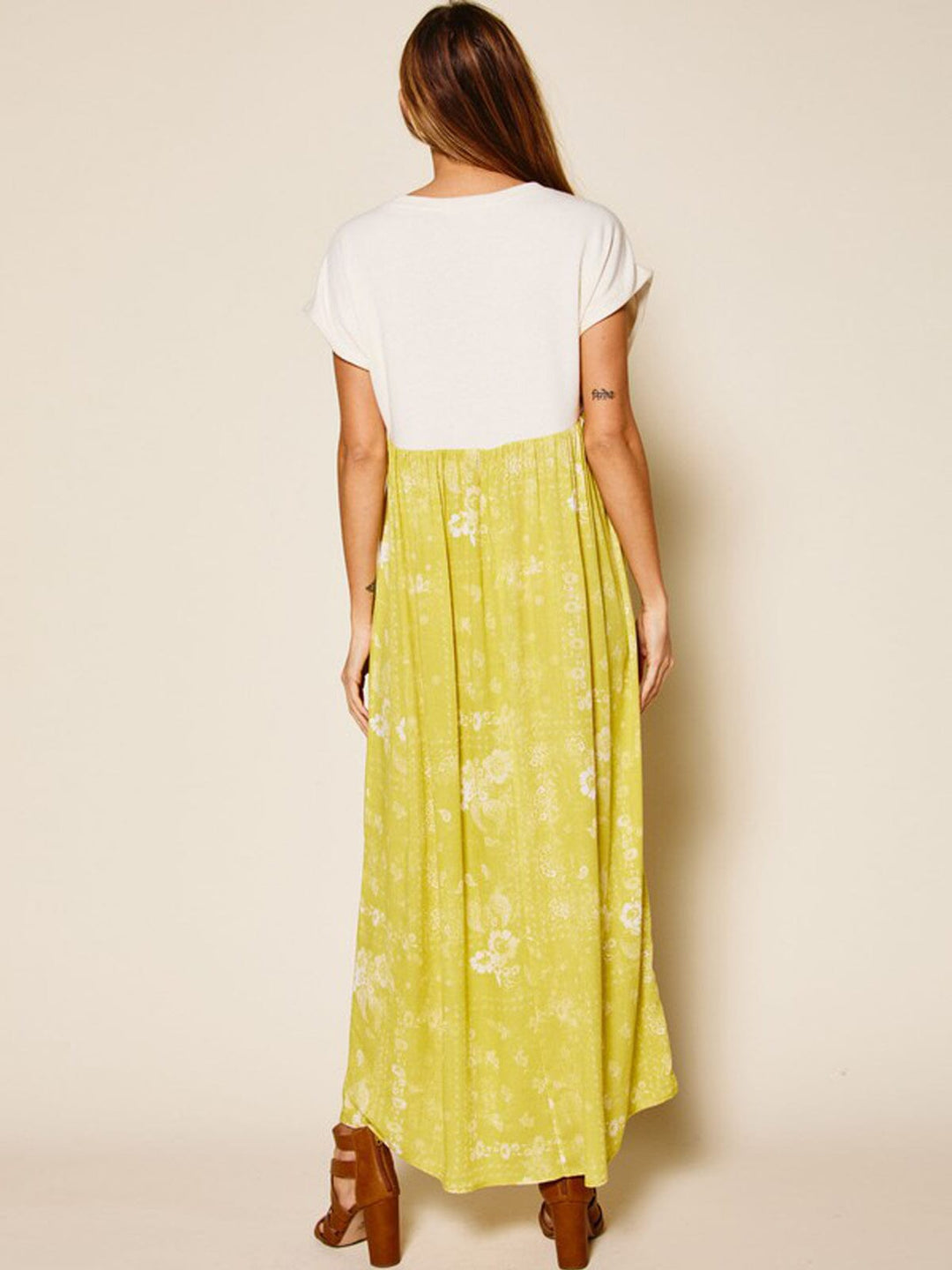 WOMEN'S SHORT SLEEVE TUNIC COLORBLOCK FLORAL MAXI DRESS