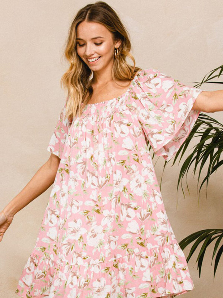 WOMEN'S SHORT SLEEVE TUNIC SMOCK NECK FLORAL MINI DRESS