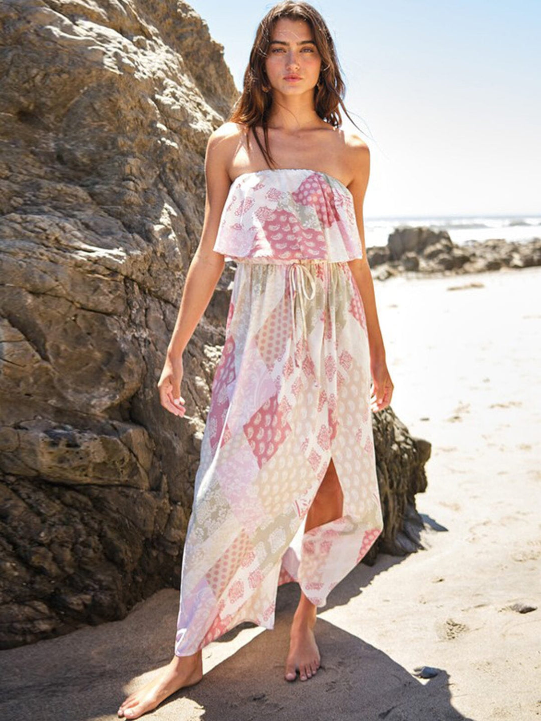 WOMEN'S SLEEVELESS RUFFLE FRONT SLIT MULTI PRINT MAXI DRESS