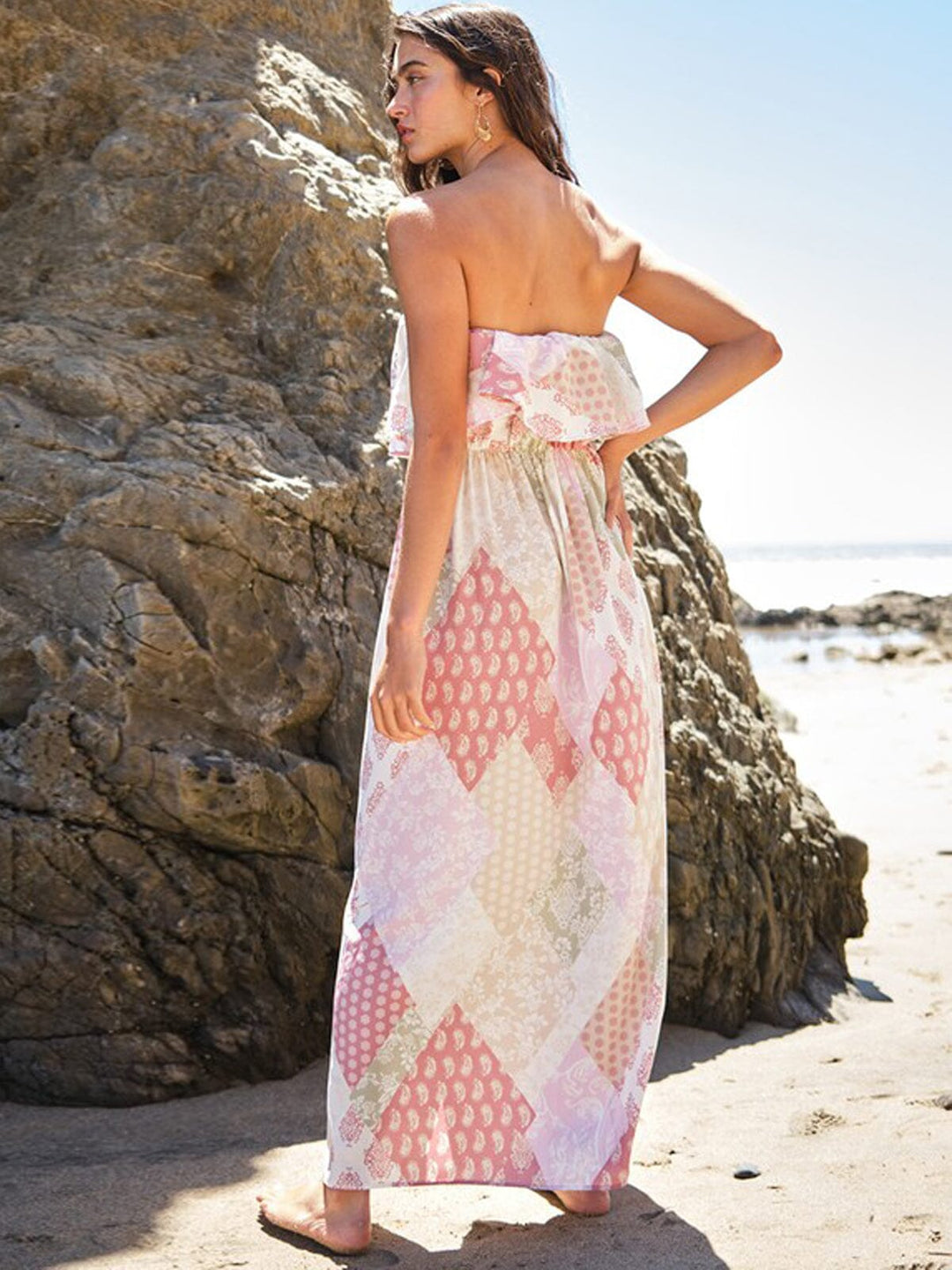 WOMEN'S SLEEVELESS RUFFLE FRONT SLIT MULTI PRINT MAXI DRESS