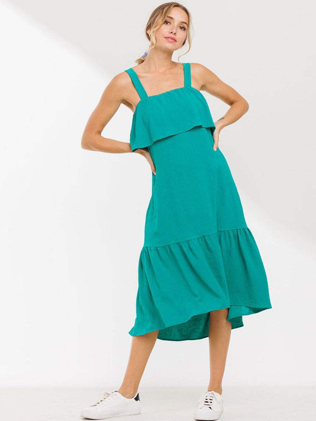 WOMEN'S SLEEVELESS RUFFLE MIDI DRESS