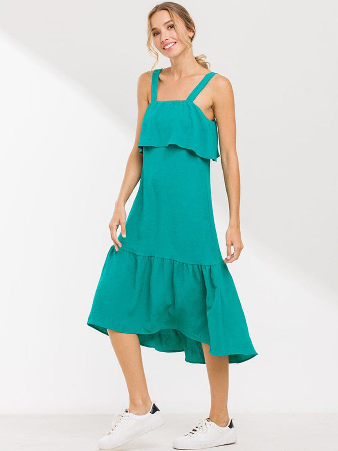 WOMEN'S SLEEVELESS RUFFLE MIDI DRESS