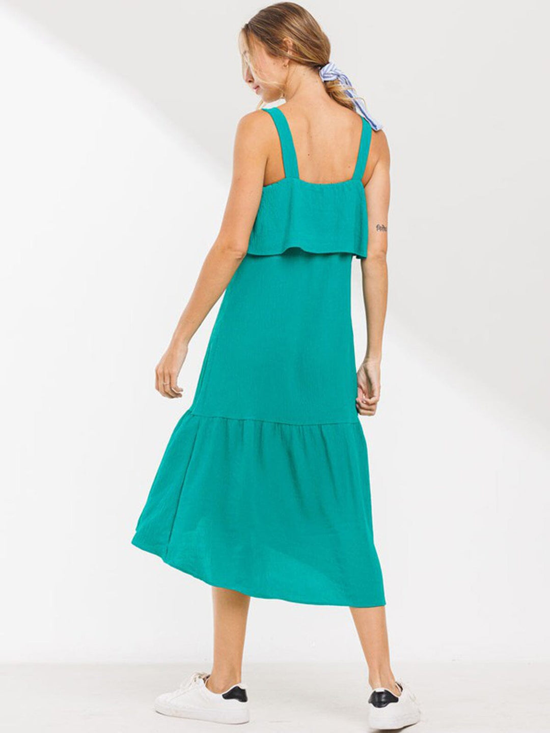 WOMEN'S SLEEVELESS RUFFLE MIDI DRESS