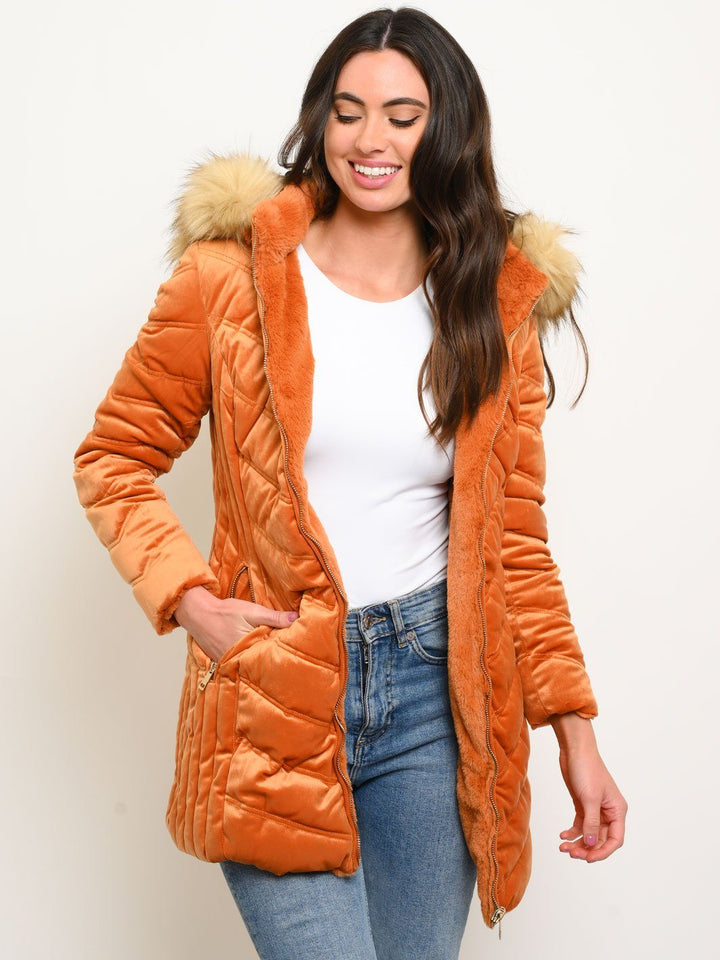WOMEN'S LONG HOODED FAUX FUR LINED VELVET QUILTED REVERSIBLE COAT