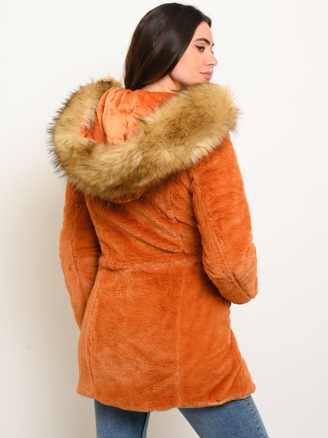 WOMEN'S LONG HOODED FAUX FUR LINED VELVET QUILTED REVERSIBLE COAT