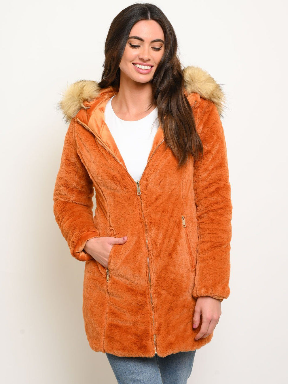 WOMEN'S LONG HOODED FAUX FUR LINED VELVET QUILTED REVERSIBLE COAT