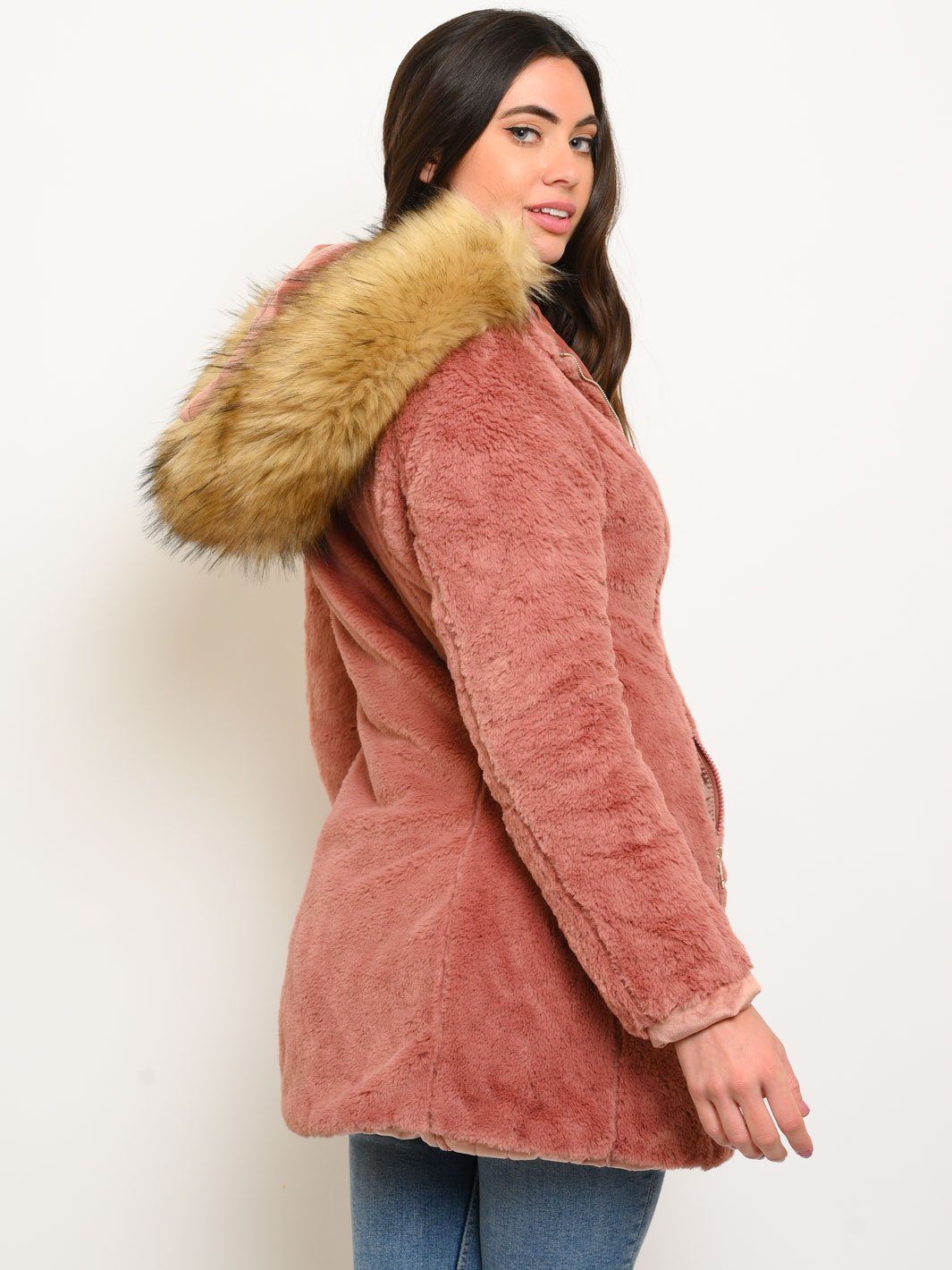 WOMEN'S LONG HOODED FAUX FUR LINED VELVET QUILTED REVERSIBLE COAT