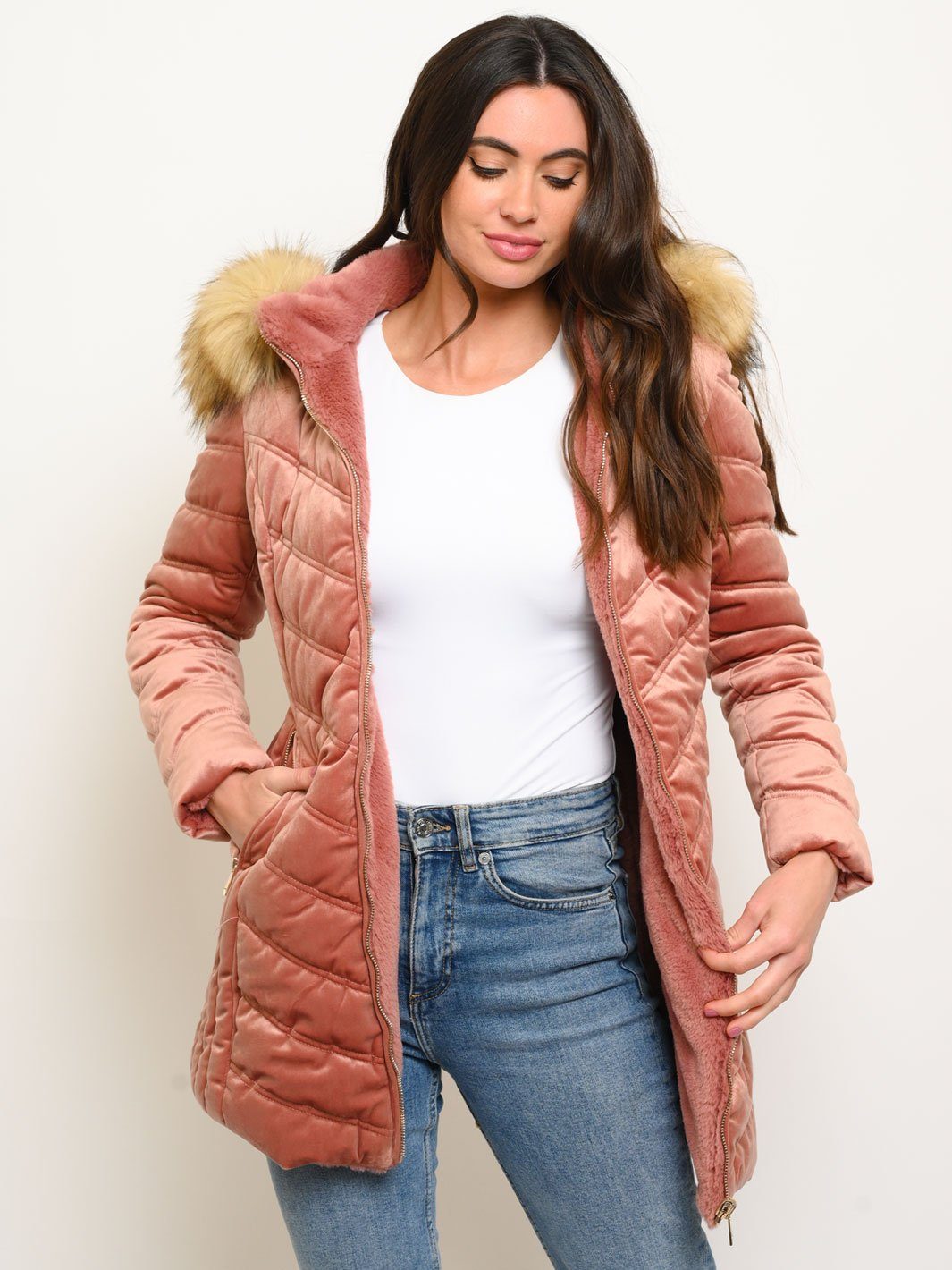 WOMEN'S LONG HOODED FAUX FUR LINED VELVET QUILTED REVERSIBLE COAT