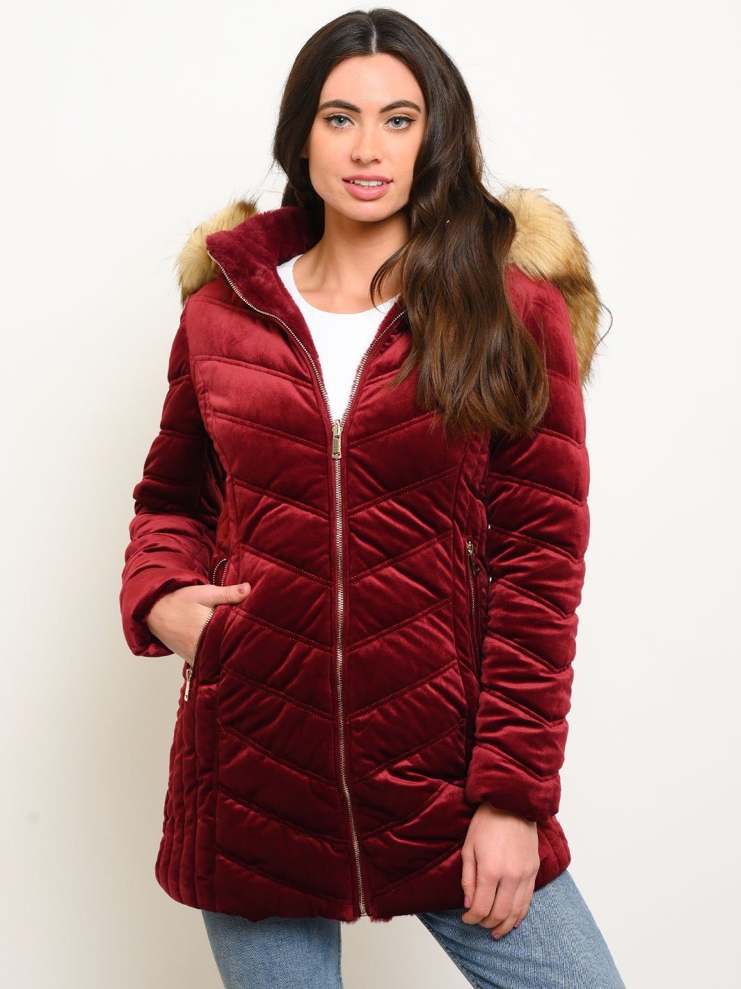 WOMEN'S LONG HOODED FAUX FUR LINED VELVET QUILTED REVERSIBLE COAT