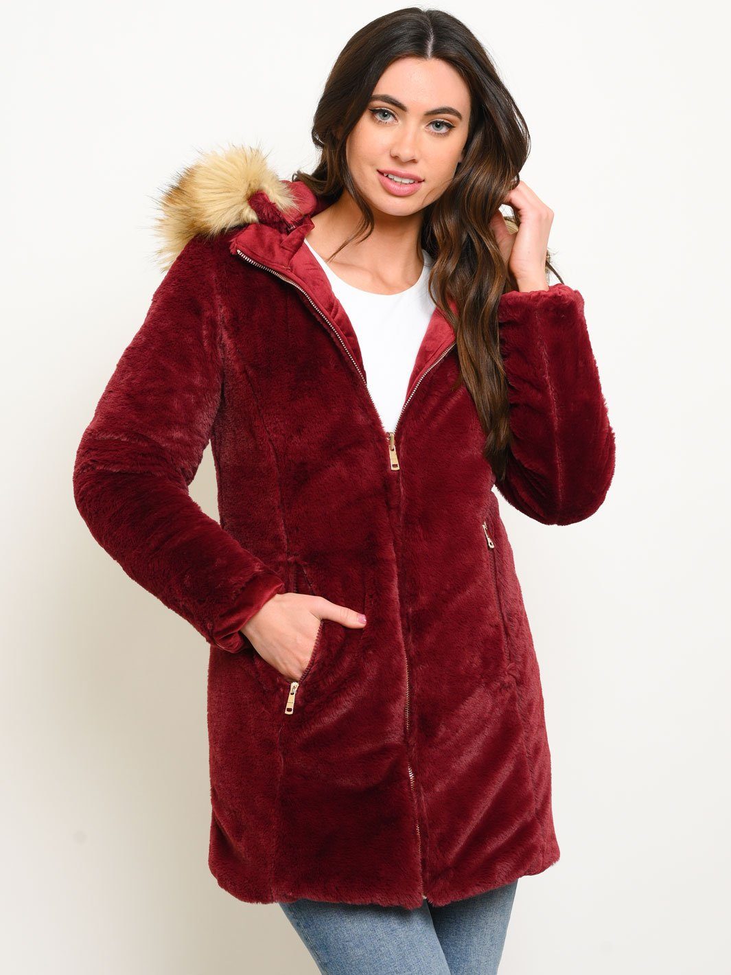 WOMEN'S LONG HOODED FAUX FUR LINED VELVET QUILTED REVERSIBLE COAT