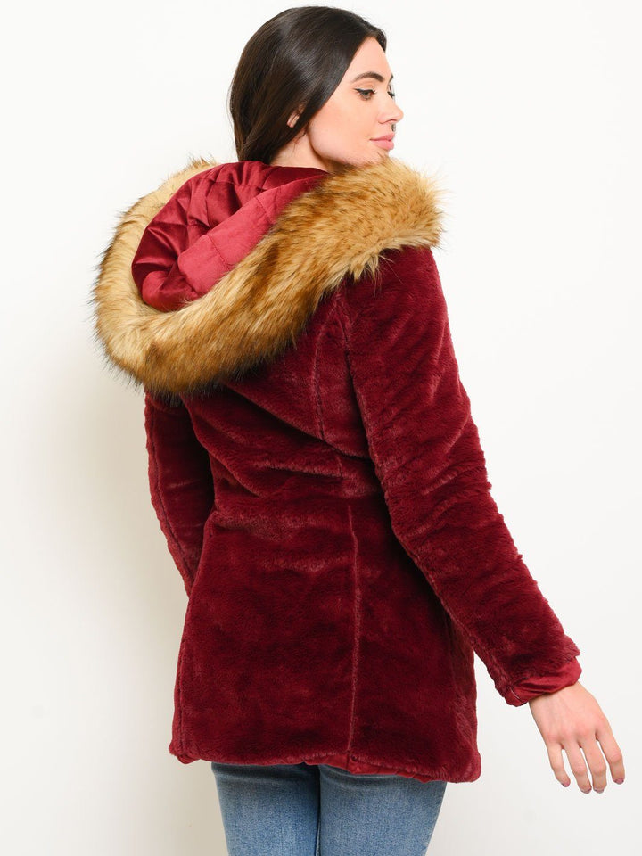 WOMEN'S LONG HOODED FAUX FUR LINED VELVET QUILTED REVERSIBLE COAT