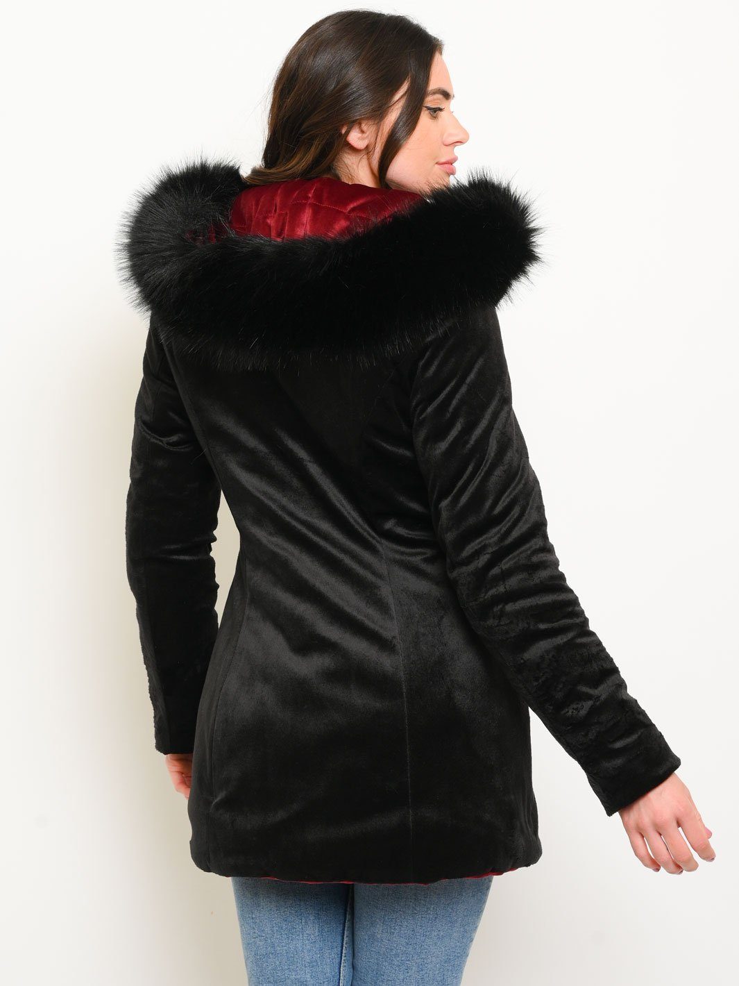 WOMEN'S MID-LENGTH HOODED VELVET QUILTED REVERSIBLE COAT