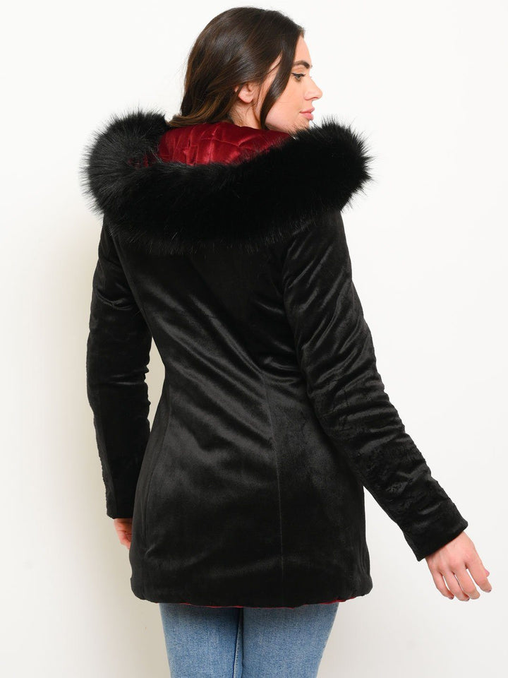 WOMEN'S MID-LENGTH HOODED VELVET QUILTED REVERSIBLE COAT