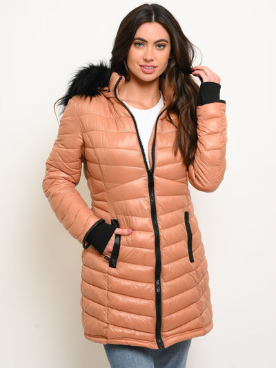 WOMEN'S LONG HOODED FAUX FUR LINED QUILTED COAT