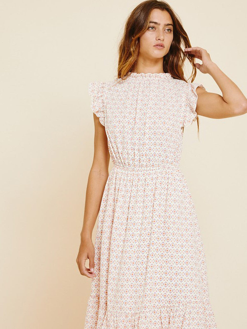 WOMEN'S SLEEVELESS RUFFLE BOTTOM HEM PRINT MIDI DRESS