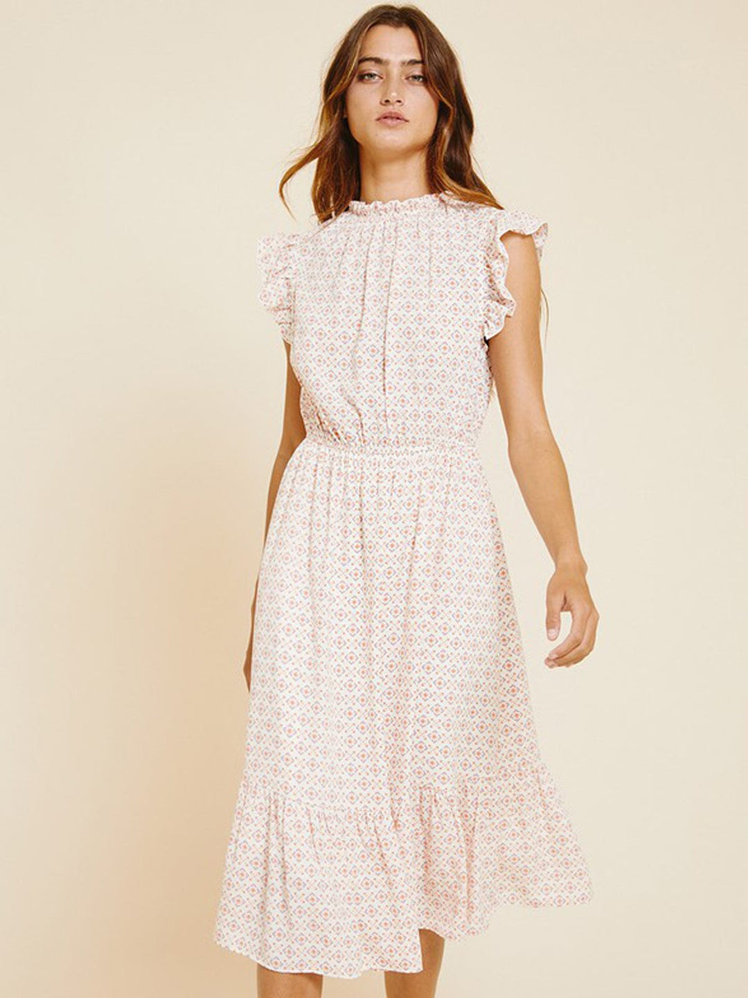 WOMEN'S SLEEVELESS RUFFLE BOTTOM HEM PRINT MIDI DRESS